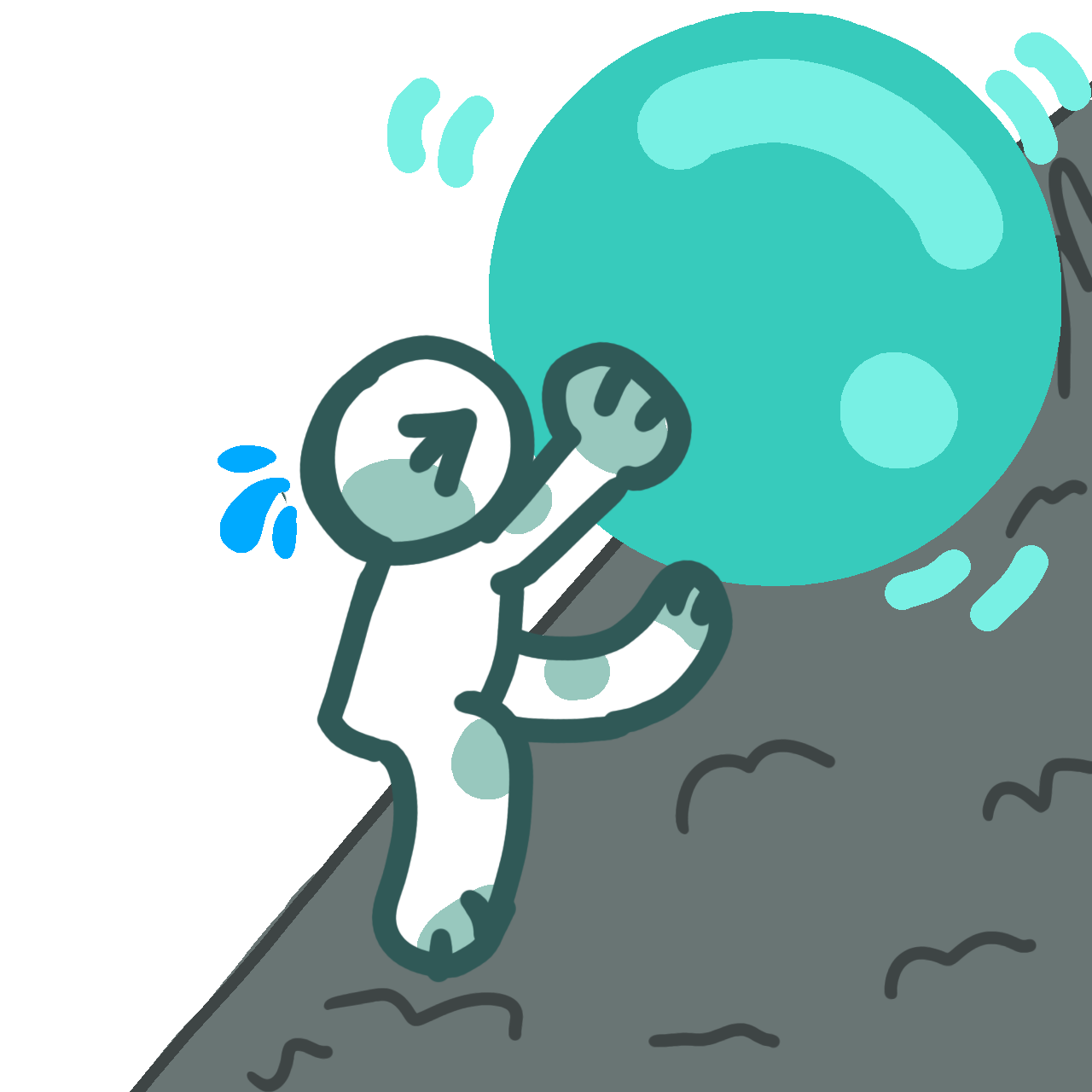 a white and teal person trying to roll a teal ball up on a steep and bumpy grey slope